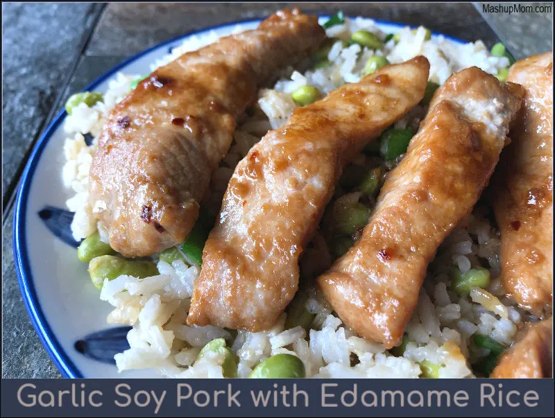 Garlic Soy Pork with Edamame Rice pairs sweet & tangy garlicky marinated pork with a batch of lightly seasoned edamame rice to create a complete & filling dinner. | MashupMom.com garlic soy pork with edamame rice