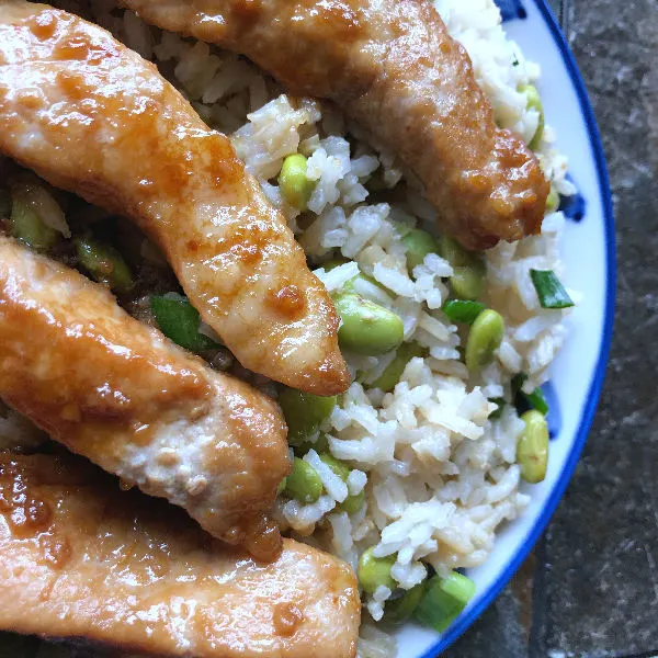 garlic soy pork with edamame rice