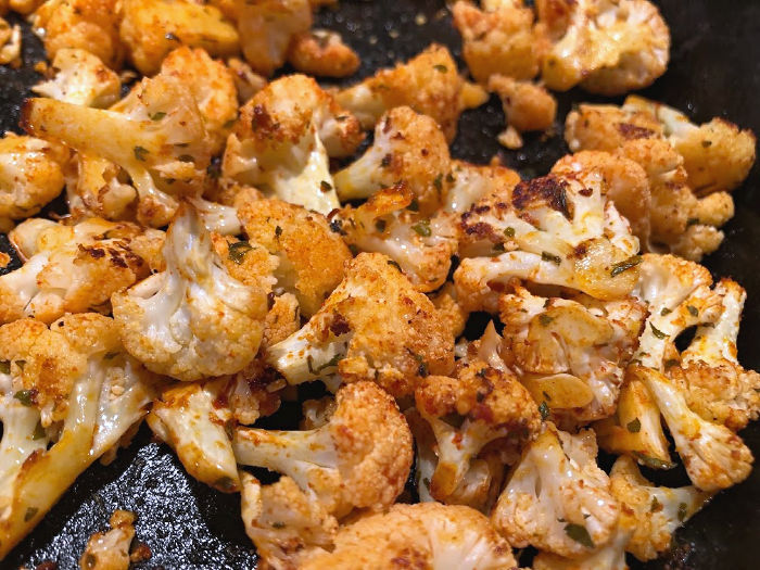 roasted cauliflower in a skillet