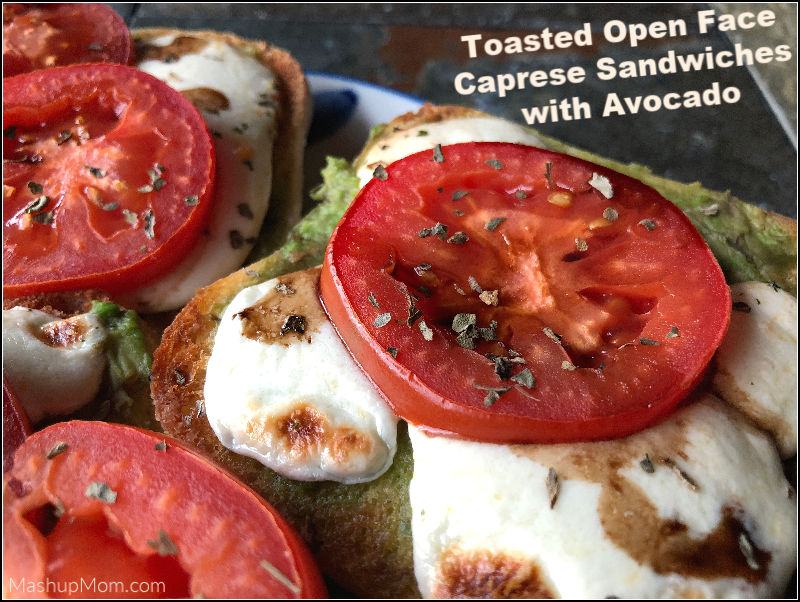 toasted open face caprese sandwiches with avocado