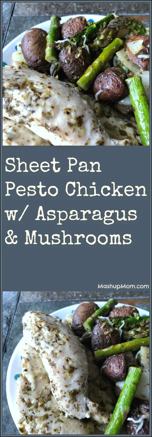 sheet pan pesto chicken, asparagus, and mushrooms