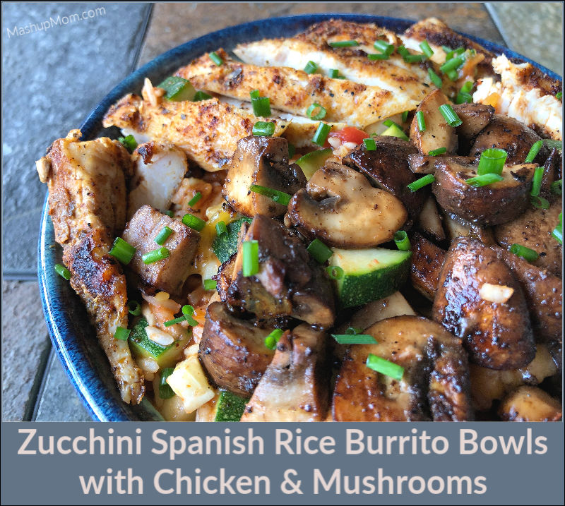 bowl of zucchini spanish rice with chicken and mushrooms