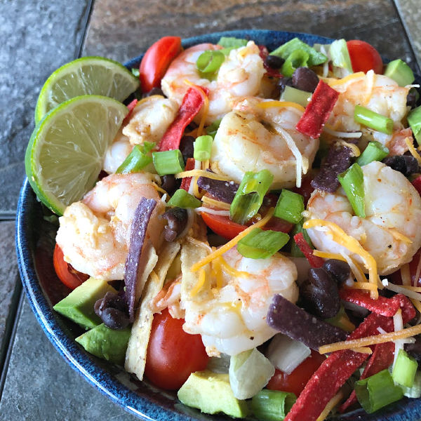 A bowl of shrimp taco salad