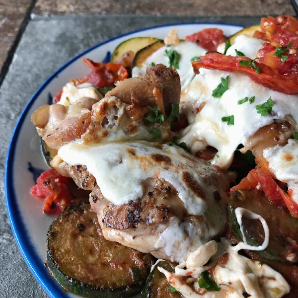 caprese chicken tomato + zucchini skillet