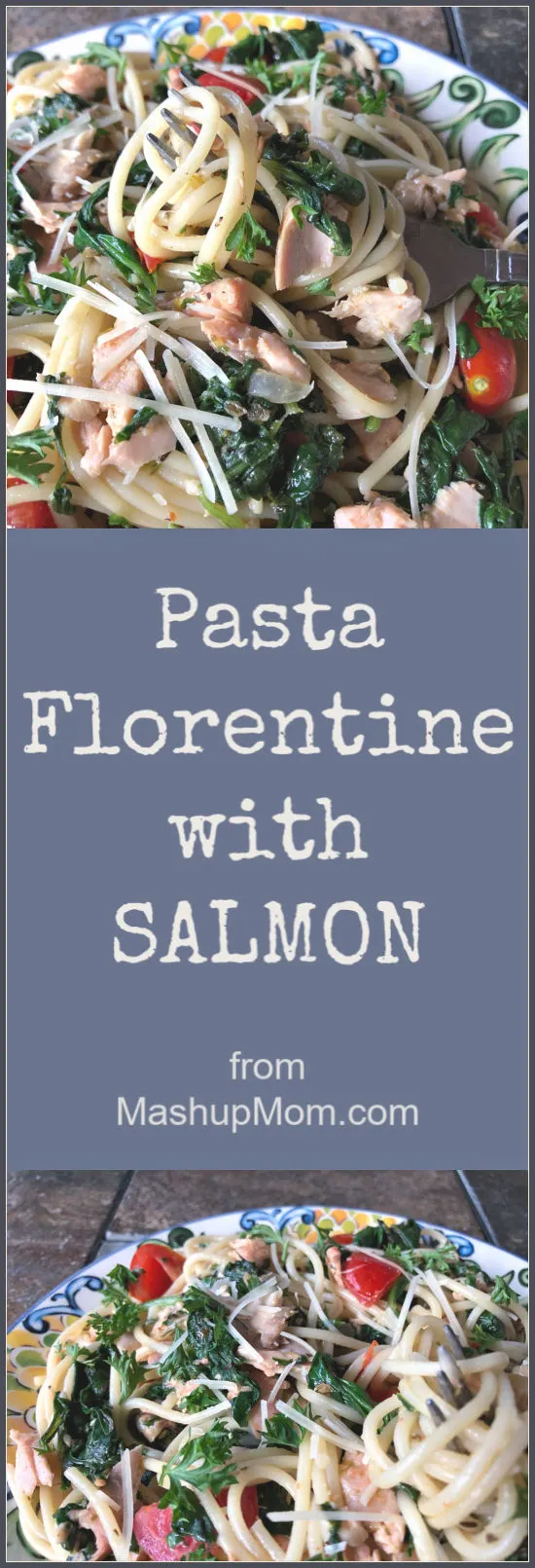 salmon pasta florentine on a plate