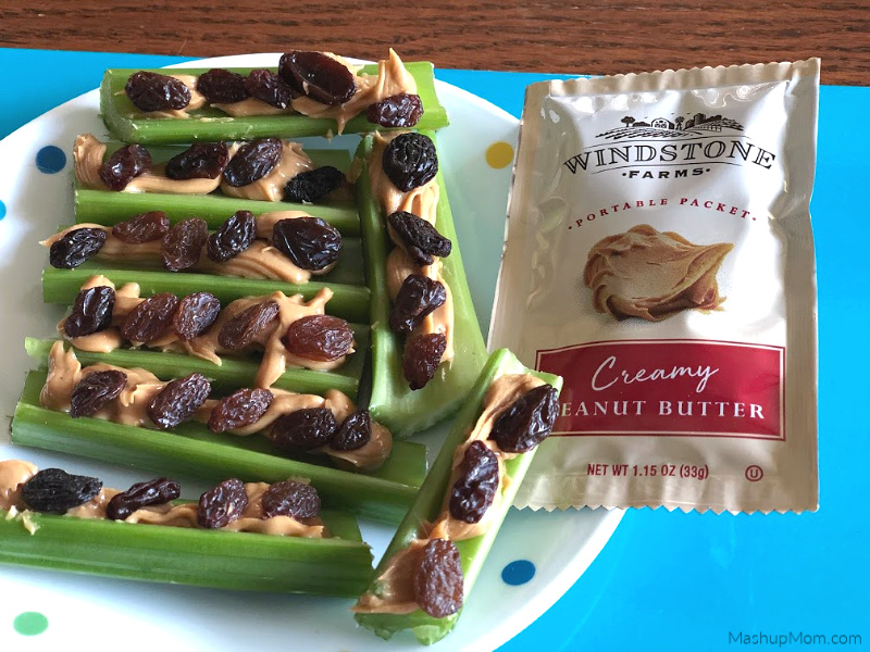 ants on a log made with Windstone Farms creamy peanut butter packets