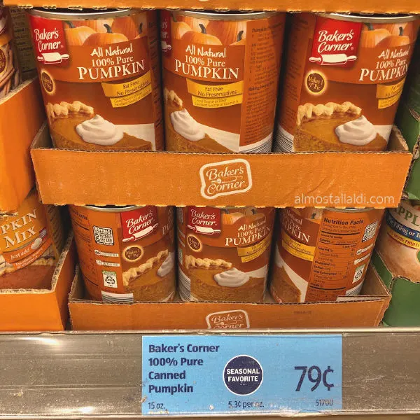 Baker's Corner canned pumpkin at ALDI on the shelf