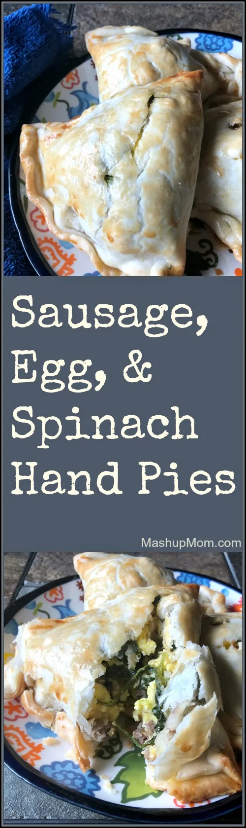 sausage, egg, & spinach hand pies cut open on a plate