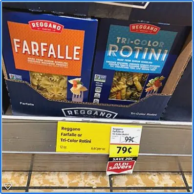 Reggano farfalle and tri-color rotini on the shelf at ALDI