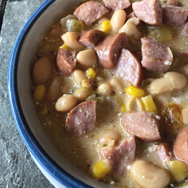 bowl of sausage chili with white beans