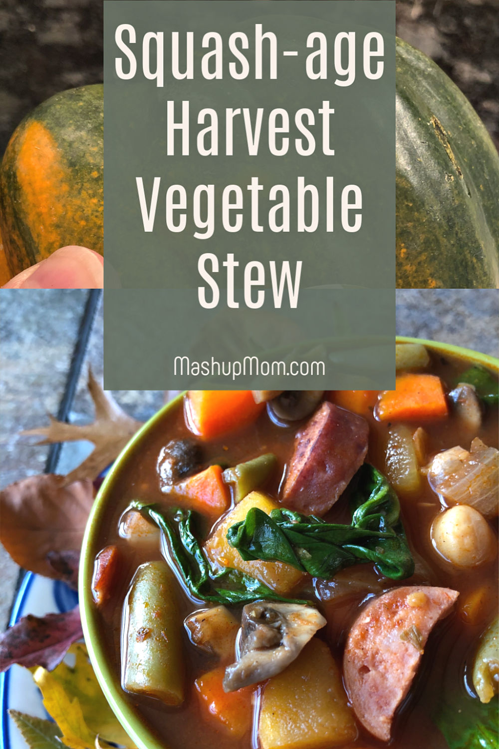 Squash-age harvest vegetable stew with polska kielbasa and acorn squash