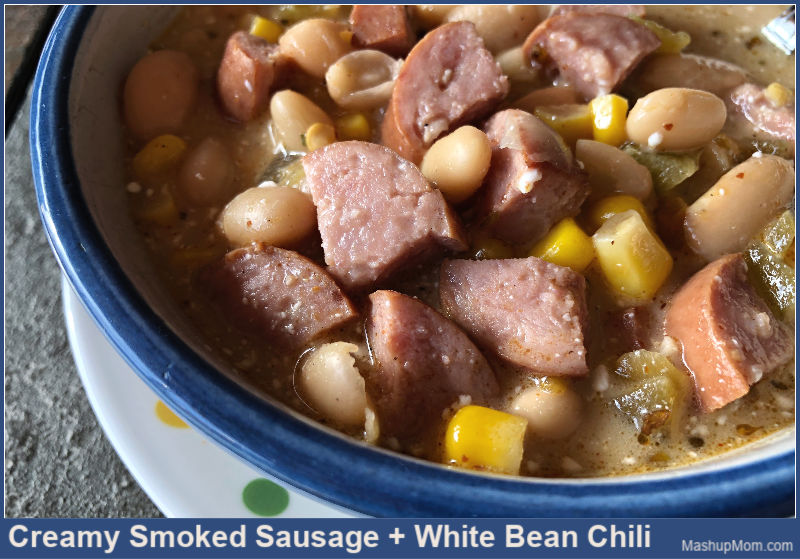 creamy smoked sausage and white bean chili in a bowl