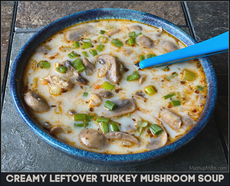 creamy leftover turkey mushroom soup in a bowl