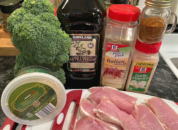 Ingredients for broiled Parmesan pork chops and broccoli