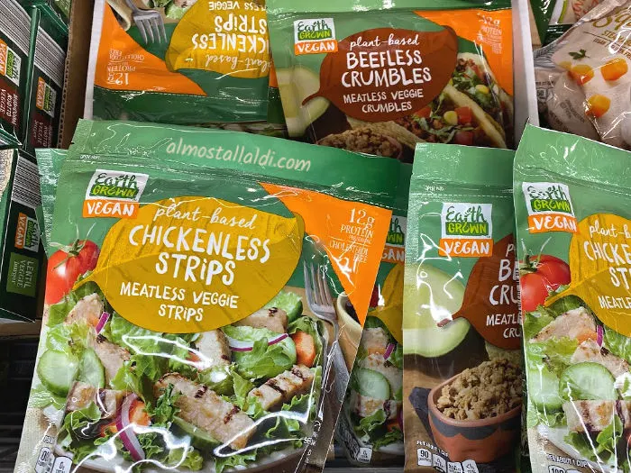 Earth Grown chickenless strips and beefless crumbles at ALDI