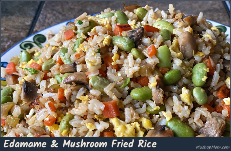 Edamame fried rice with mushrooms, carrots, & egg