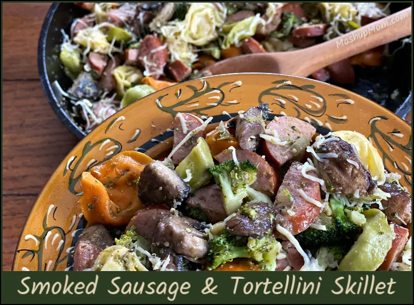 smoked sausage and tortellini skillet with pesto