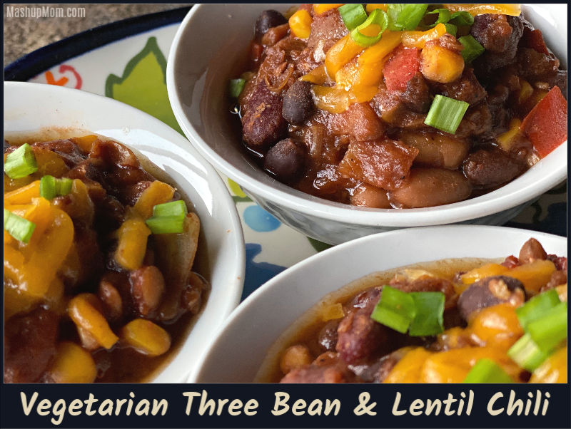 Vegetarian three bean & lentil chili is a hearty protein-packed Crock-Pot recipe for your next Meatless Monday.
