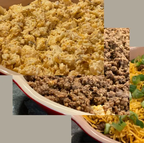 Assembling the low carb taco casserole in layers of cauliflower, ground beef, and cheese