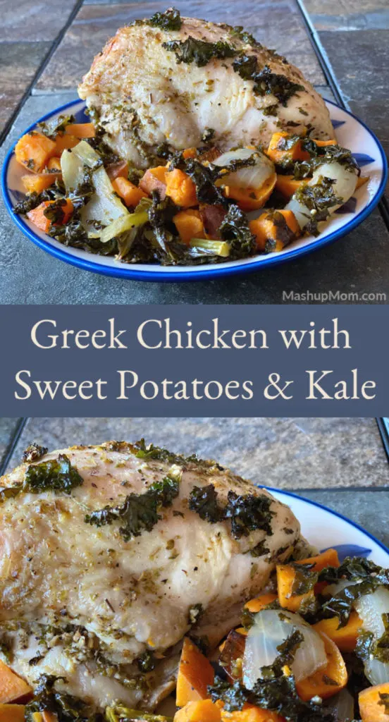 Greek chicken with sweet potatoes and kale is a simple one pan roasted chicken & veggies dinner recipe. The slight bitterness of the kale balances out the sweetness of the potatoes, while garlic, lemon, and oregano bring everything together.