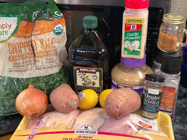 Greek chicken with sweet potatoes and kale ingredients