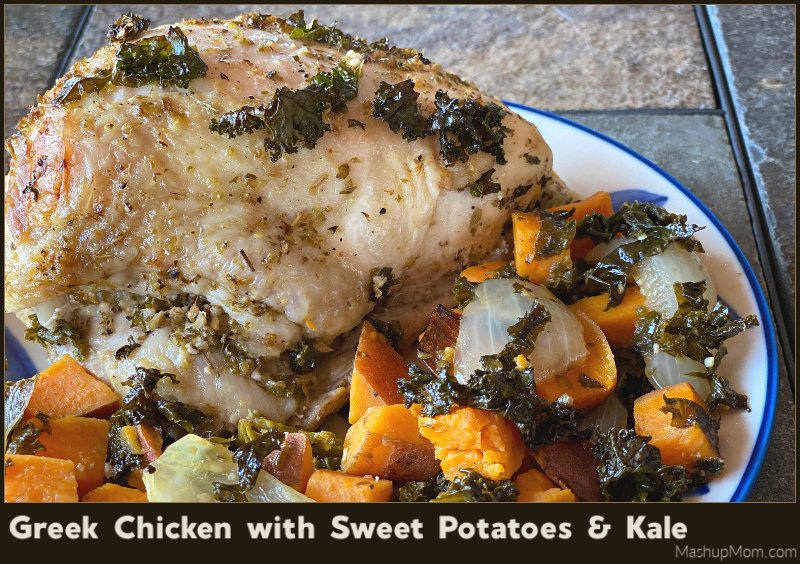 A one pan recipe for Greek chicken with sweet potatoes and kale