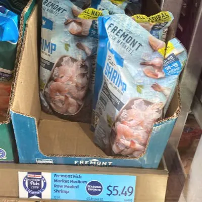 peeled shrimp on the shelf at ALDI -- a seasonal buy