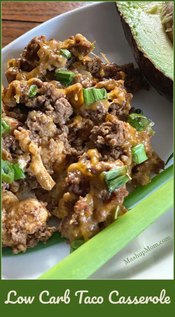 Low Carb Taco Casserole is a keto friendly, KID friendly, gluten free twist on taco night. Layer some seasoned roasted cauliflower with mildly spiced taco meat and tangy cheddar, for the perfect combo.