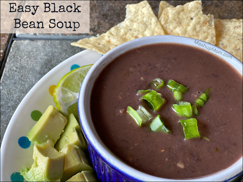 Make this easy black bean soup recipe with (mostly) staples from your pantry: Vegetarian black bean soup is so simple, yet so filling & comforting.