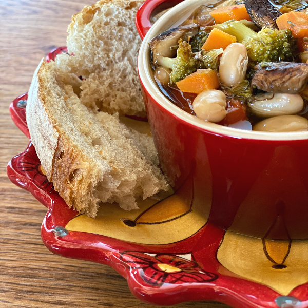 chicken soup with random roasted vegetables