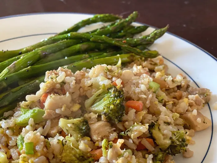 Roasted asparagus with fried rice