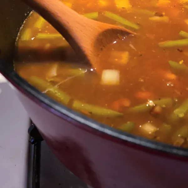 Pot of vegetable soup with  beans