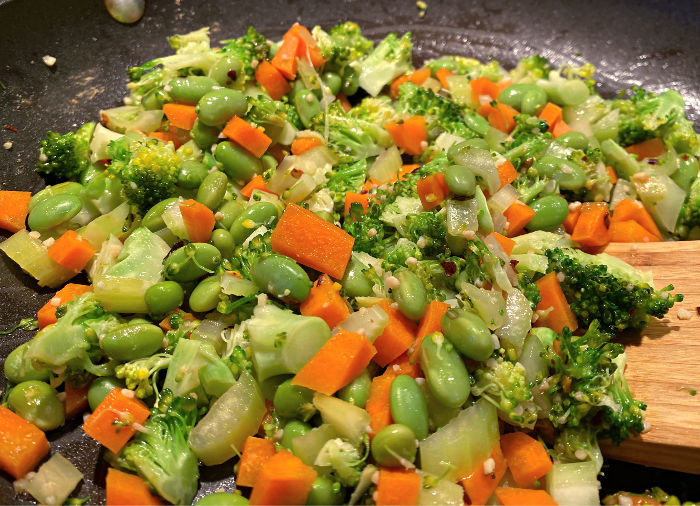 veggies in the pan for fried rice