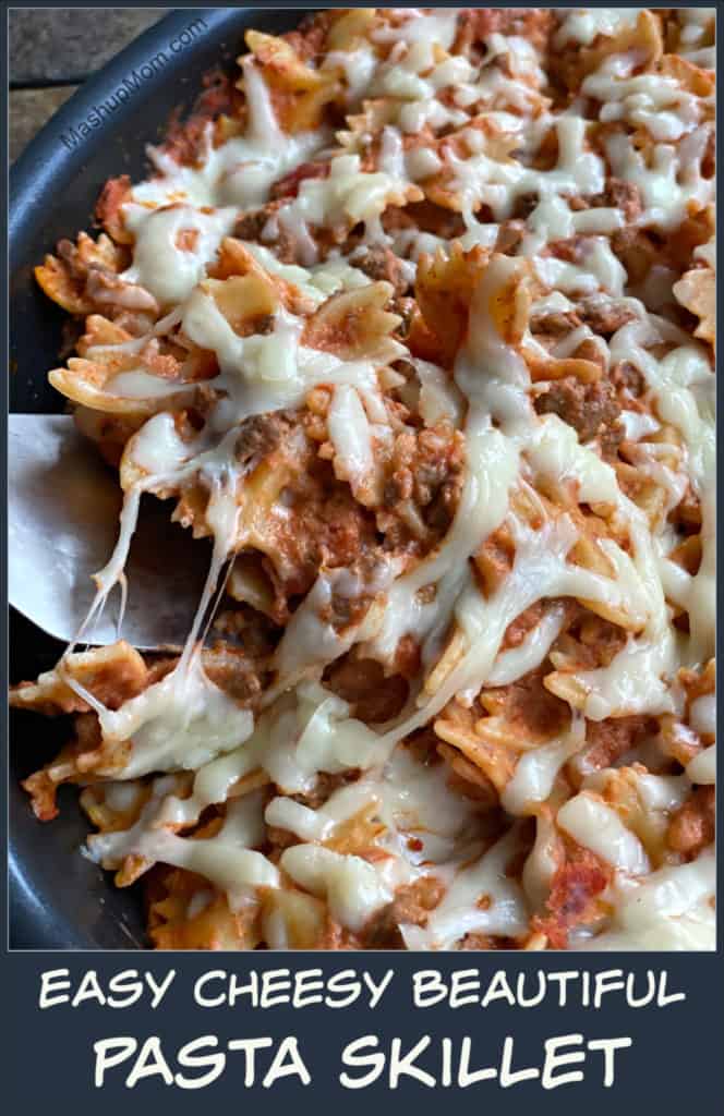 Easy Cheesy Beautiful Pasta Skillet — Yes, it’s earned all of these adjectives, and then some! Why? Well, this hearty weeknight dinner recipe packs all of the taste of lasagna into a super easy, super kid-pleasing, 30 minute meal; it's the perfect comfort food for a busy weeknight.