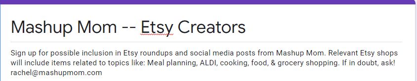 Etsy Creators -- sign up to be included in roundups on Mashup Mom and associated social media properties!