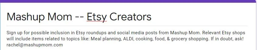 Etsy Creators -- sign up to be included in roundups on Mashup Mom and associated social media properties!