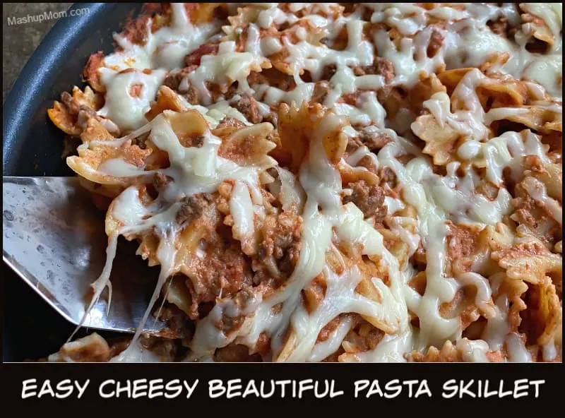 Easy Cheesy Beautiful Pasta Skillet — Yes, it’s earned all of these adjectives, and then some! Why? Well, this hearty weeknight dinner recipe packs all of the taste of lasagna into a super easy, super kid-pleasing, 30 minute meal; it's the perfect comfort food for a busy weeknight.