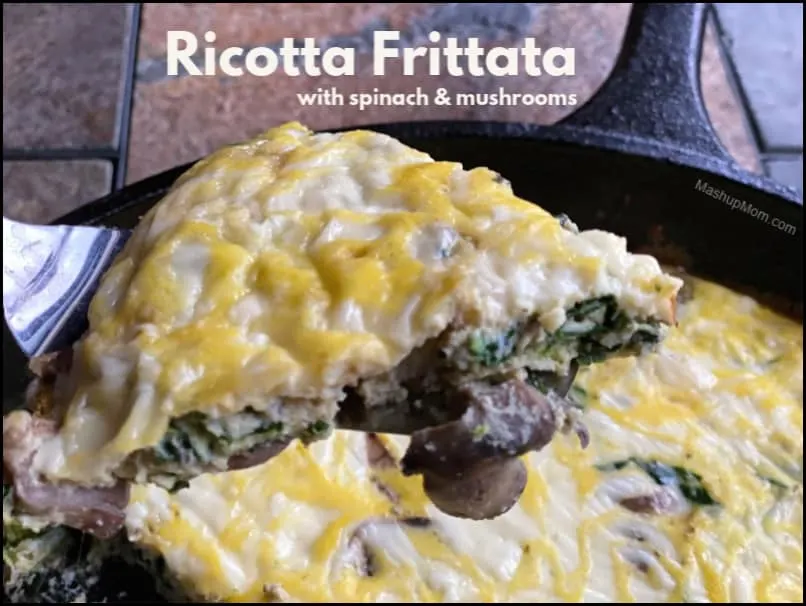 This savory Ricotta Frittata with spinach & mushrooms is more than just a fun phrase: It's a simple, low carb, gluten free, AND vegetarian weeknight dinner recipe that comes together in just 30 minutes in your trusty cast iron skillet.