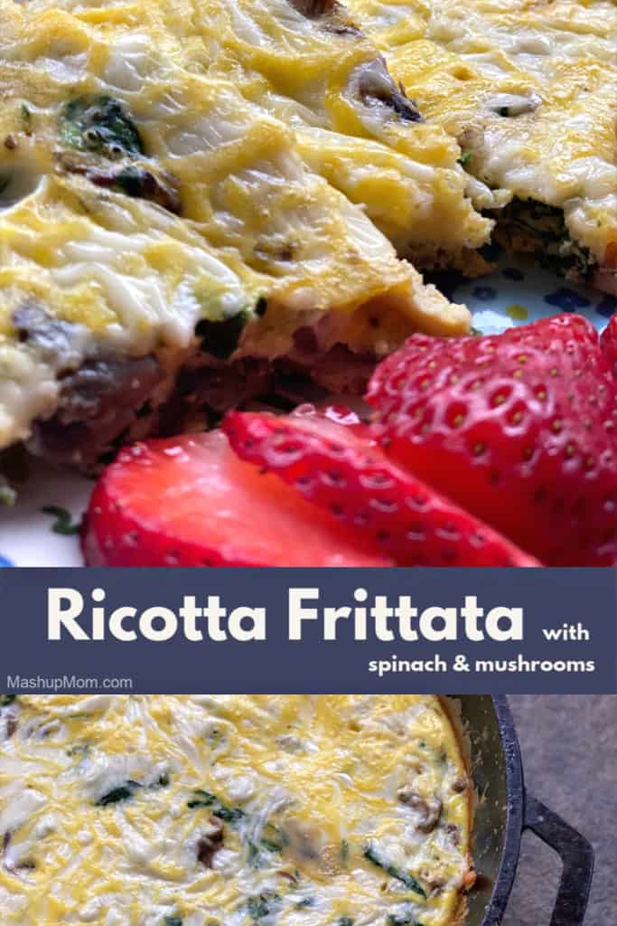 This savory Ricotta Frittata with spinach & mushrooms is more than just a fun phrase: It's a simple, low carb, gluten free, AND vegetarian weeknight dinner recipe that comes together in just 30 minutes in your trusty cast iron skillet.