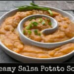 Sweet & spicy, thick and creamy, this vegetarian Salsa Potato Soup recipe is a fun variation on an old stand-by! Try it on your next Meatless Monday.