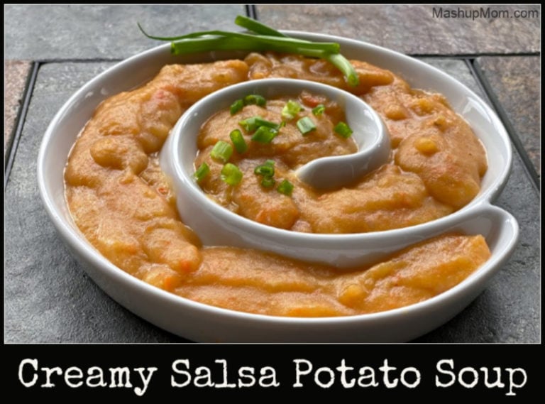 Sweet & spicy, thick and creamy, this vegetarian Salsa Potato Soup recipe is a fun variation on an old stand-by! Try it on your next Meatless Monday.