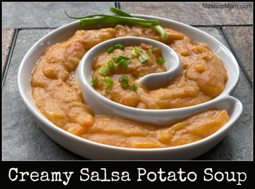 Sweet & spicy, thick and creamy, this vegetarian Salsa Potato Soup recipe is a fun variation on an old stand-by! Try it on your next Meatless Monday.