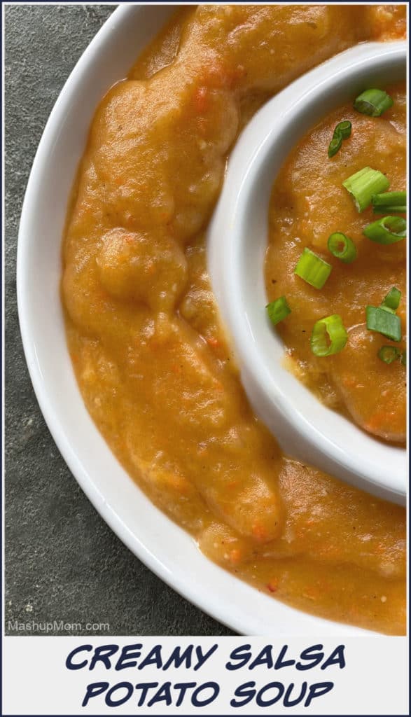 Sweet & spicy, thick and creamy, this vegetarian Salsa Potato Soup recipe is a fun variation on an old stand-by! Try it on your next Meatless Monday.