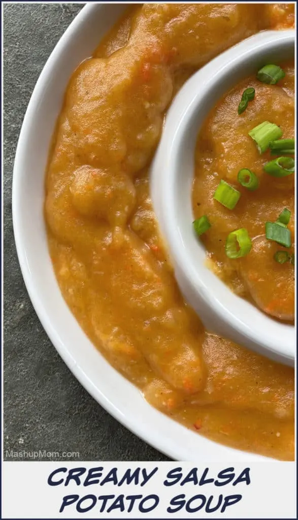 Sweet & spicy, thick and creamy, this vegetarian Salsa Potato Soup recipe is a fun variation on an old stand-by! Try it on your next Meatless Monday.