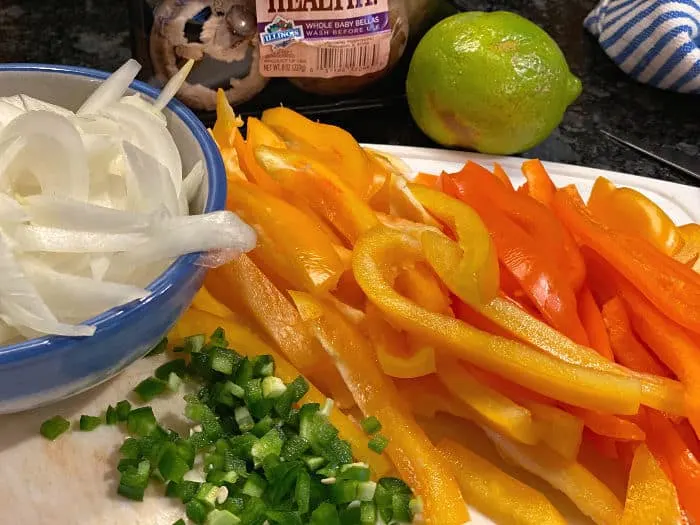 cut up onion and peppers