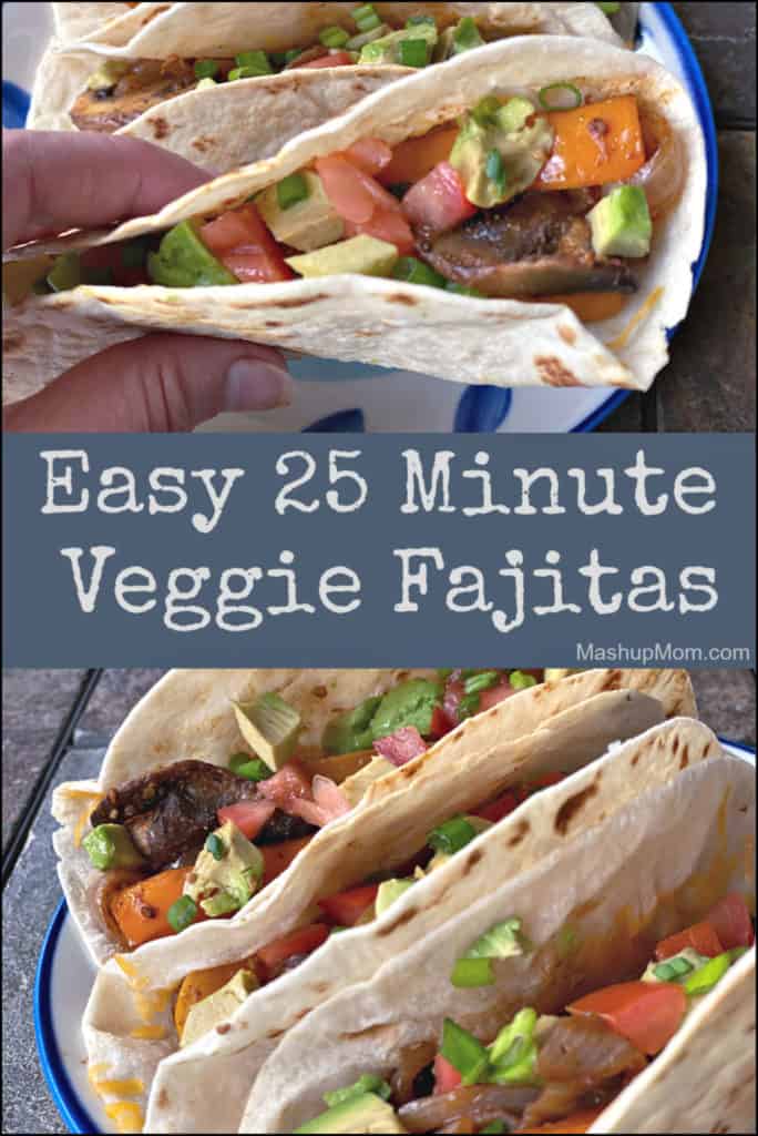Easy 25 minute veggie fajitas with peppers, onions, and mushrooms