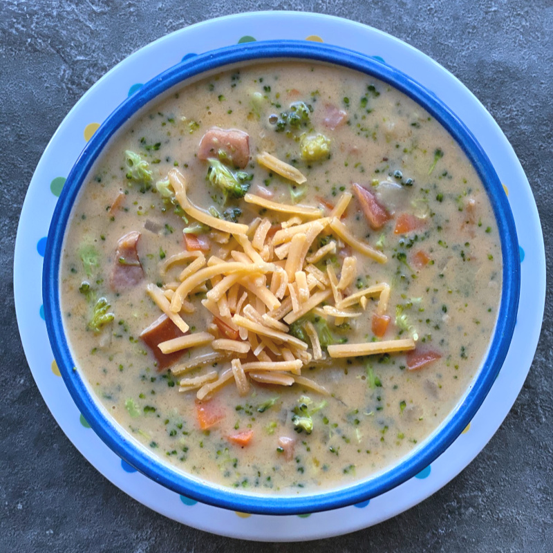 broccoli cheddar sausage soup in a bowl