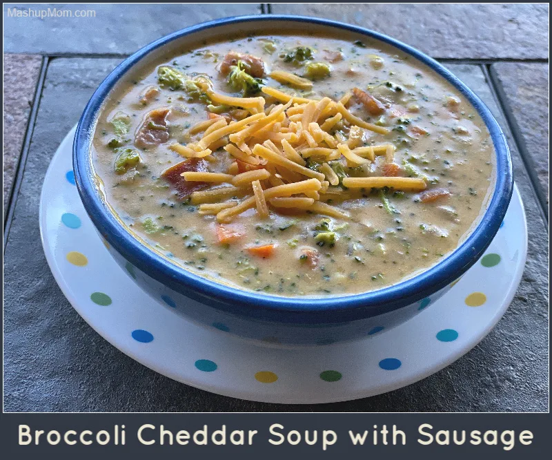 Broccoli cheddar soup with smoked sausage