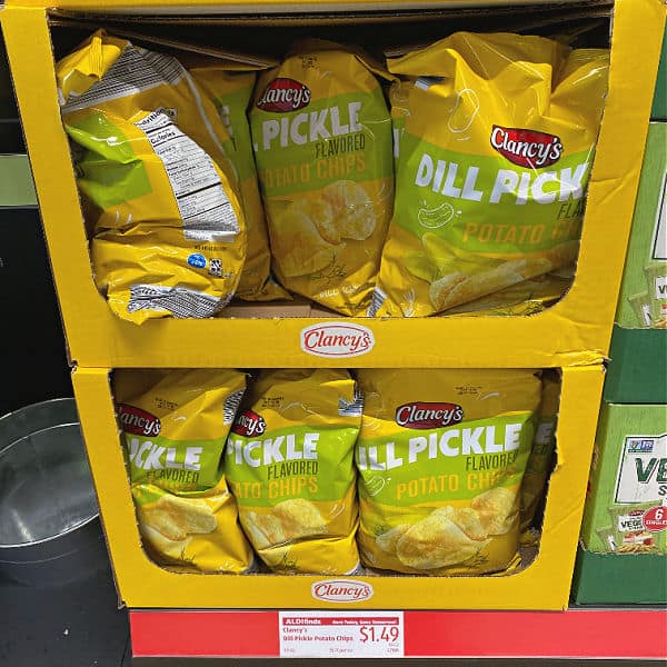 dill pickle potato chips on the shelf at ALDI
