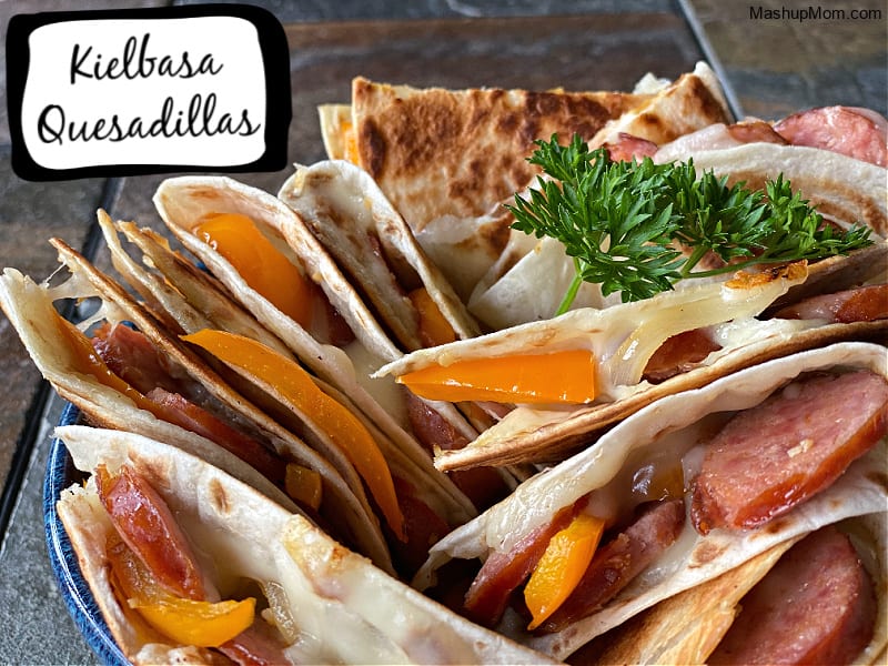 Kielbasa quesadillas -- with sausage, peppers, & onions!